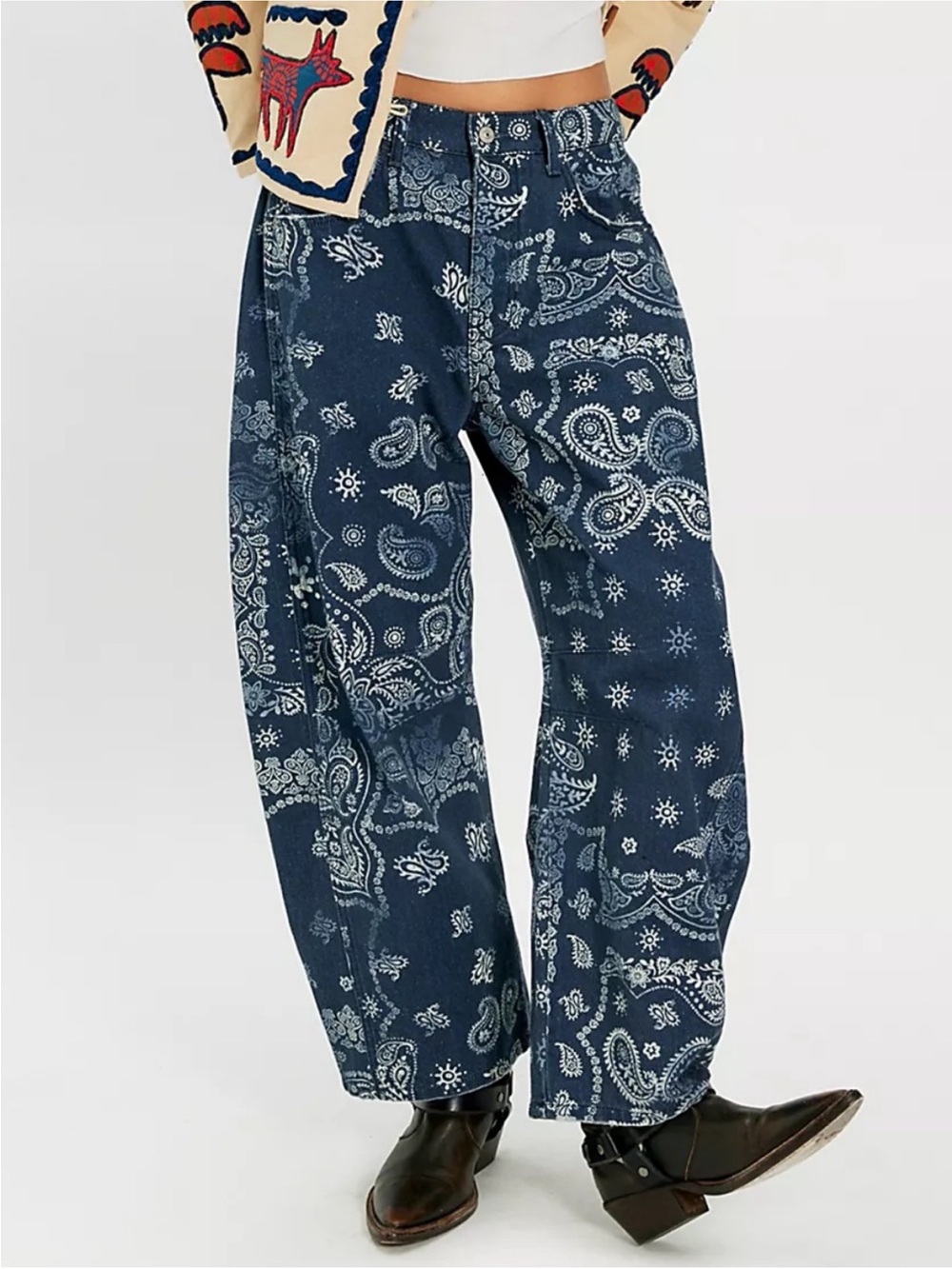 NWT We the Free Good Luck Printed Barrel Jeans
